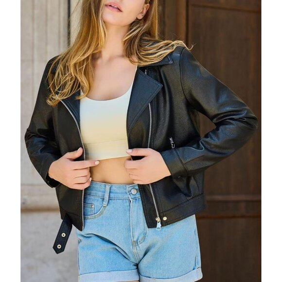 Women Black Faux Leather Cropped Slim Fit Motorcycle Jacket for Spring Fall - Picture 3 of 8